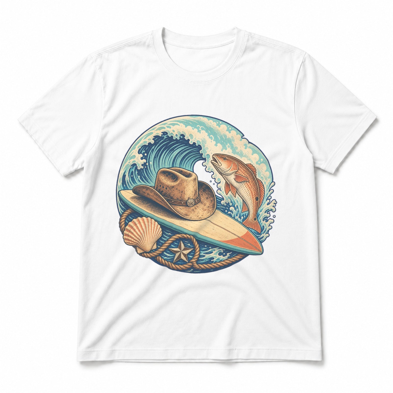 Texas Gulf Coast Western Surf Pure Cotton T-Shirt in White