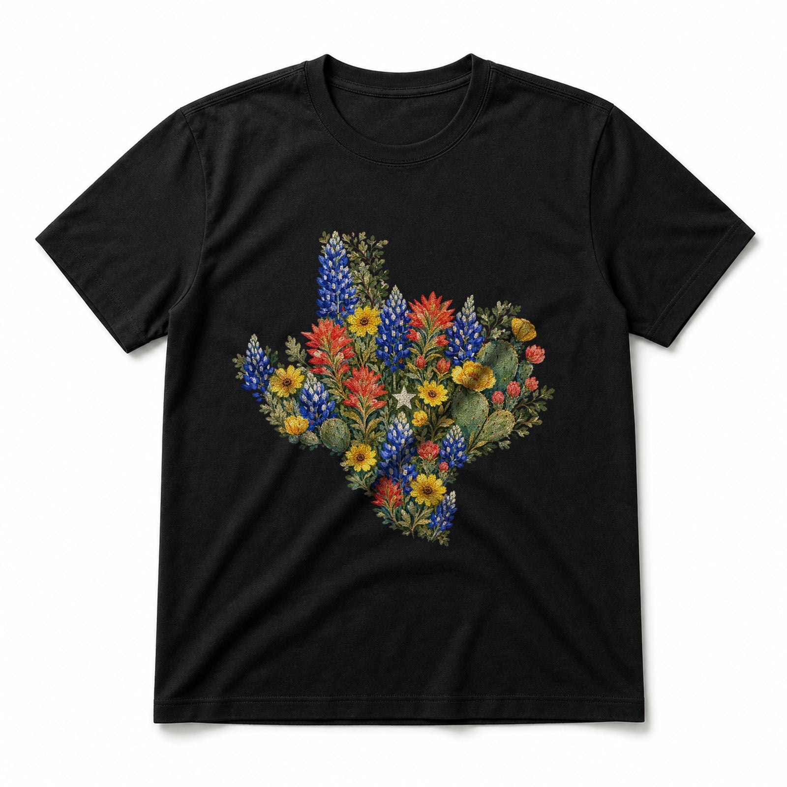 Texas Hill Country Wildflower Gouache Pure Cotton T-Shirt in Black