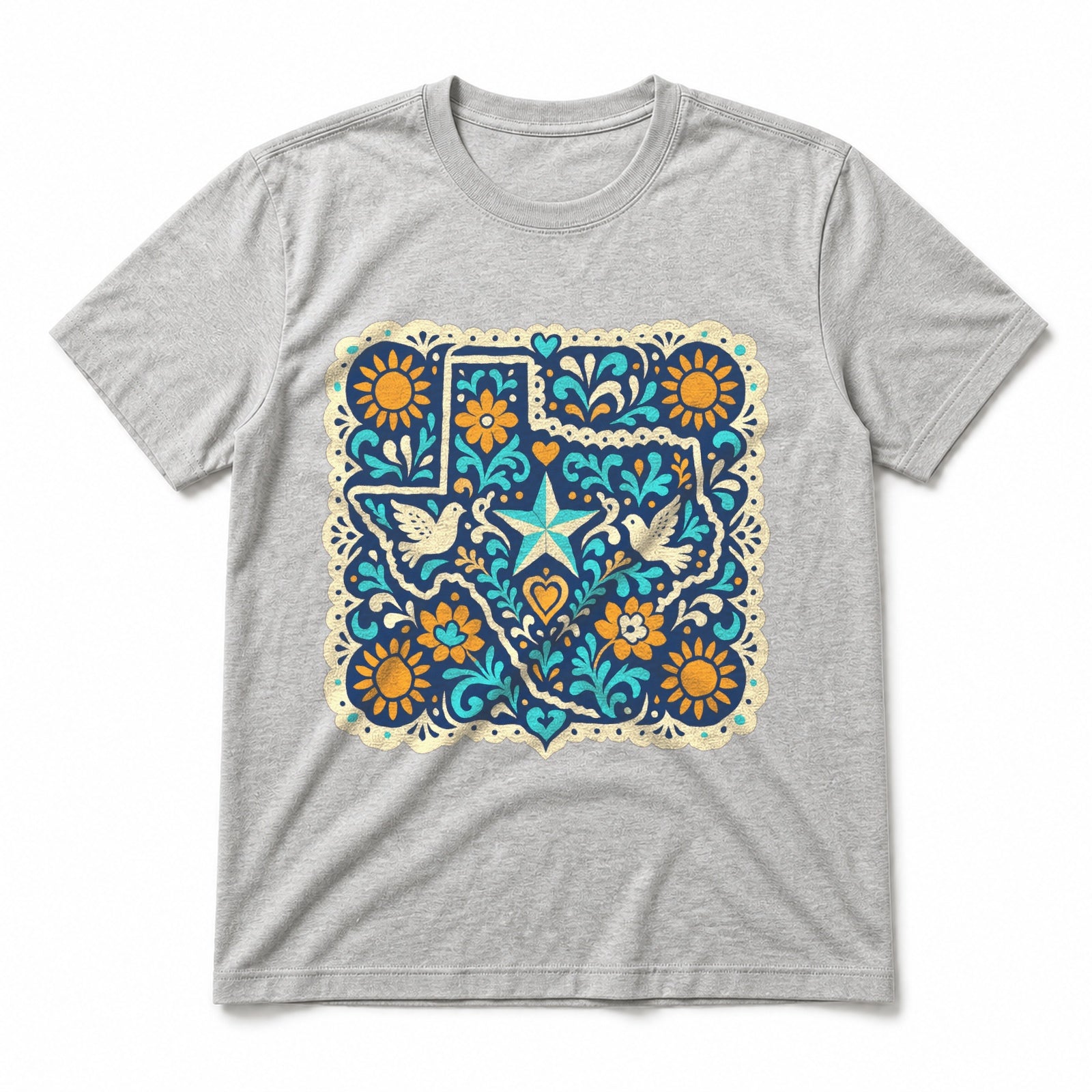 Texas Tejano Cut Paper Ornament Pure Cotton T-Shirt in Light Gray