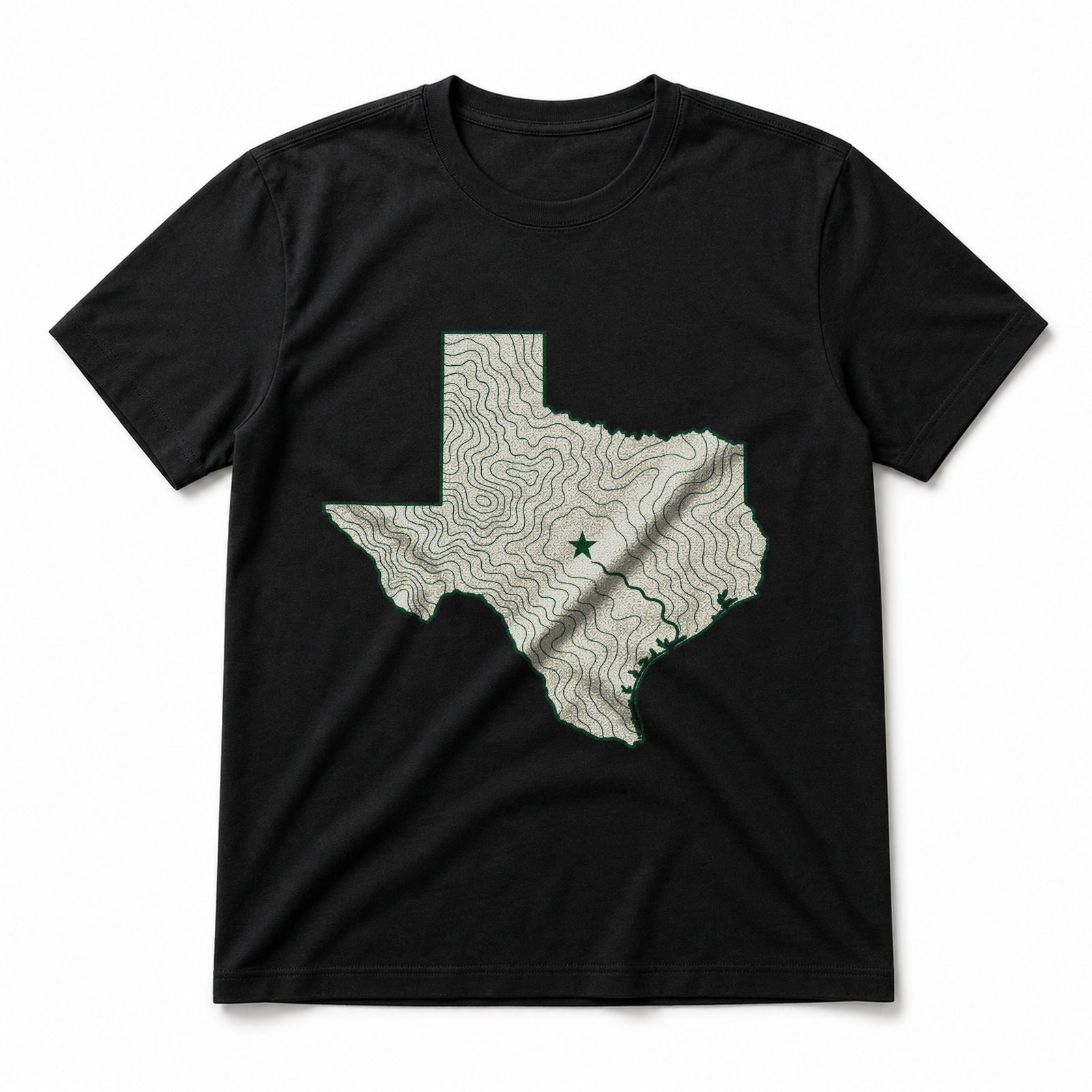 Minimal Topographic Texas Pure Cotton T-Shirt in Black