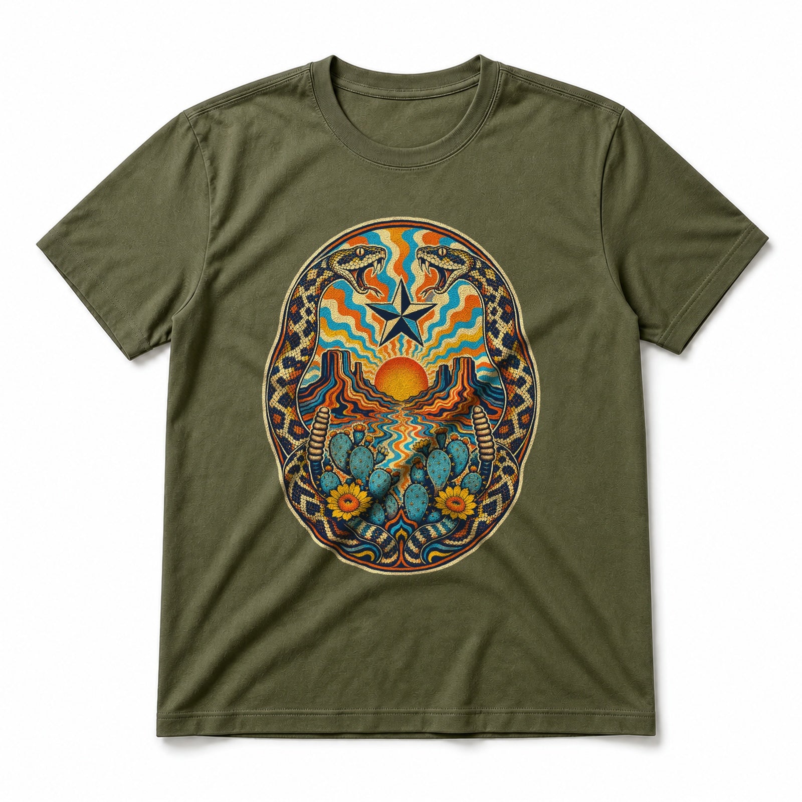 Texas Psychedelic Desert Portal Pure Cotton T-Shirt in Olive Green