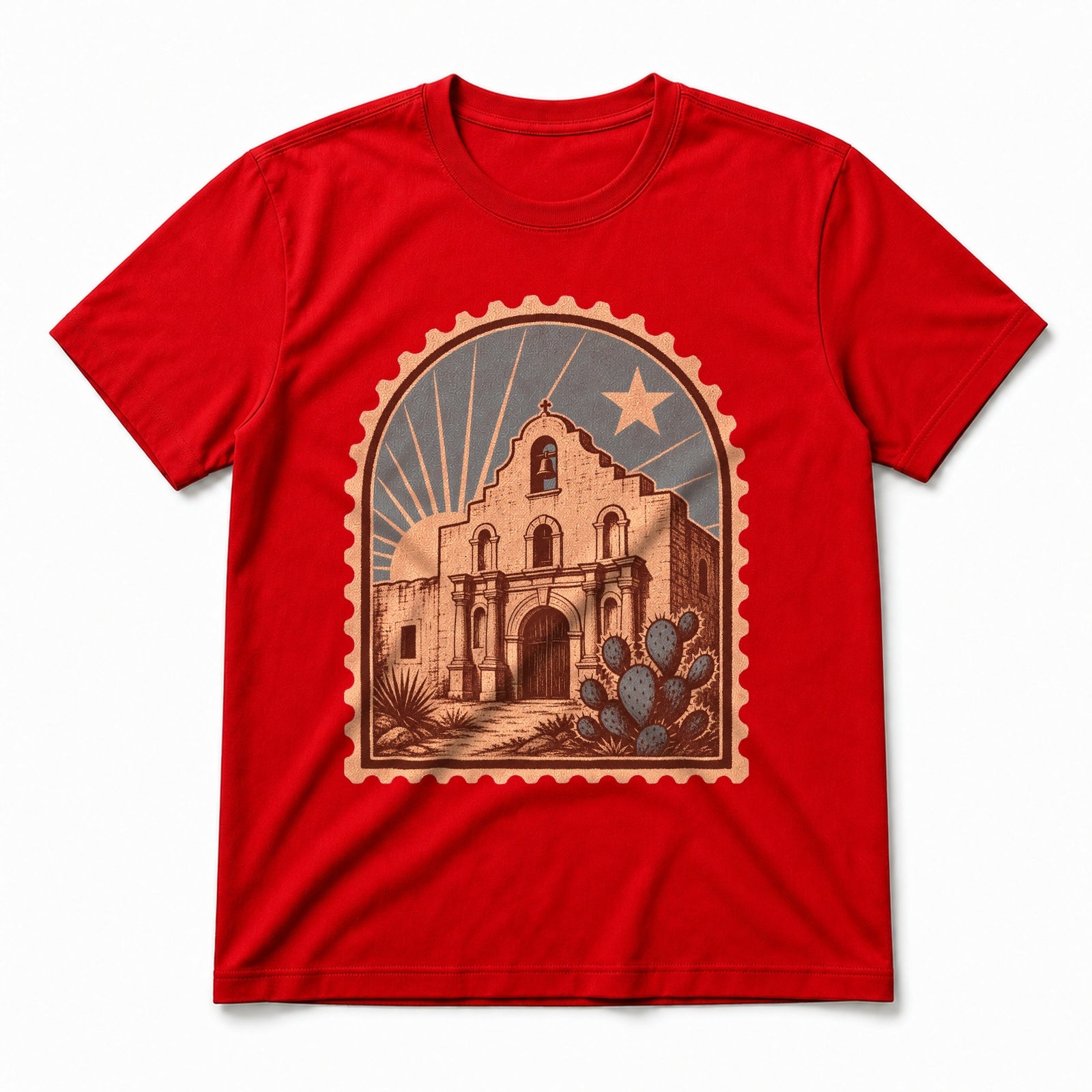 Texas Mission Travel Stamp Pure Cotton T-Shirt in Red