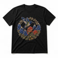 Texas Bluebonnet Hummingbird Embroidery Pure Cotton T-Shirt in Black