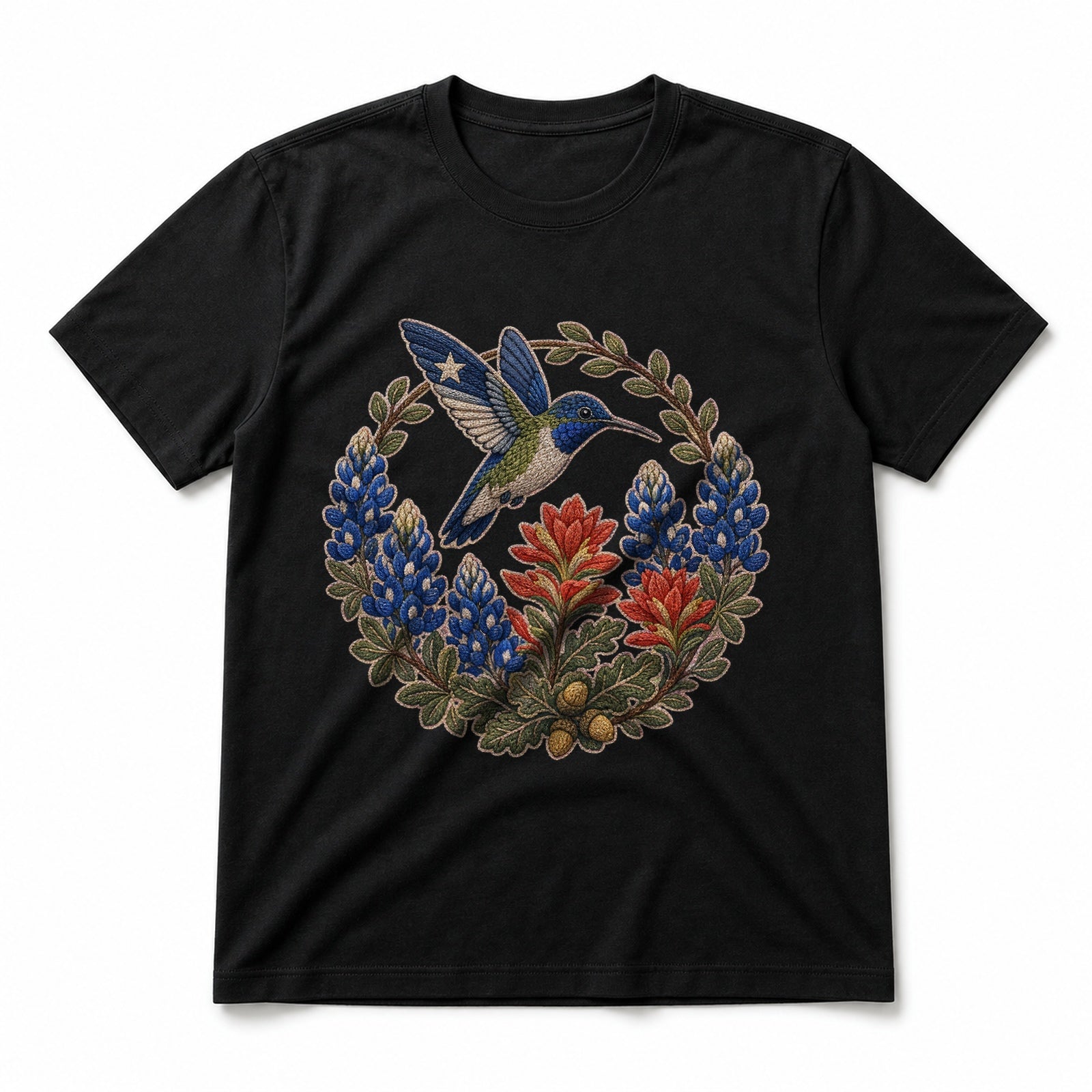 Texas Bluebonnet Hummingbird Embroidery Pure Cotton T-Shirt in Black