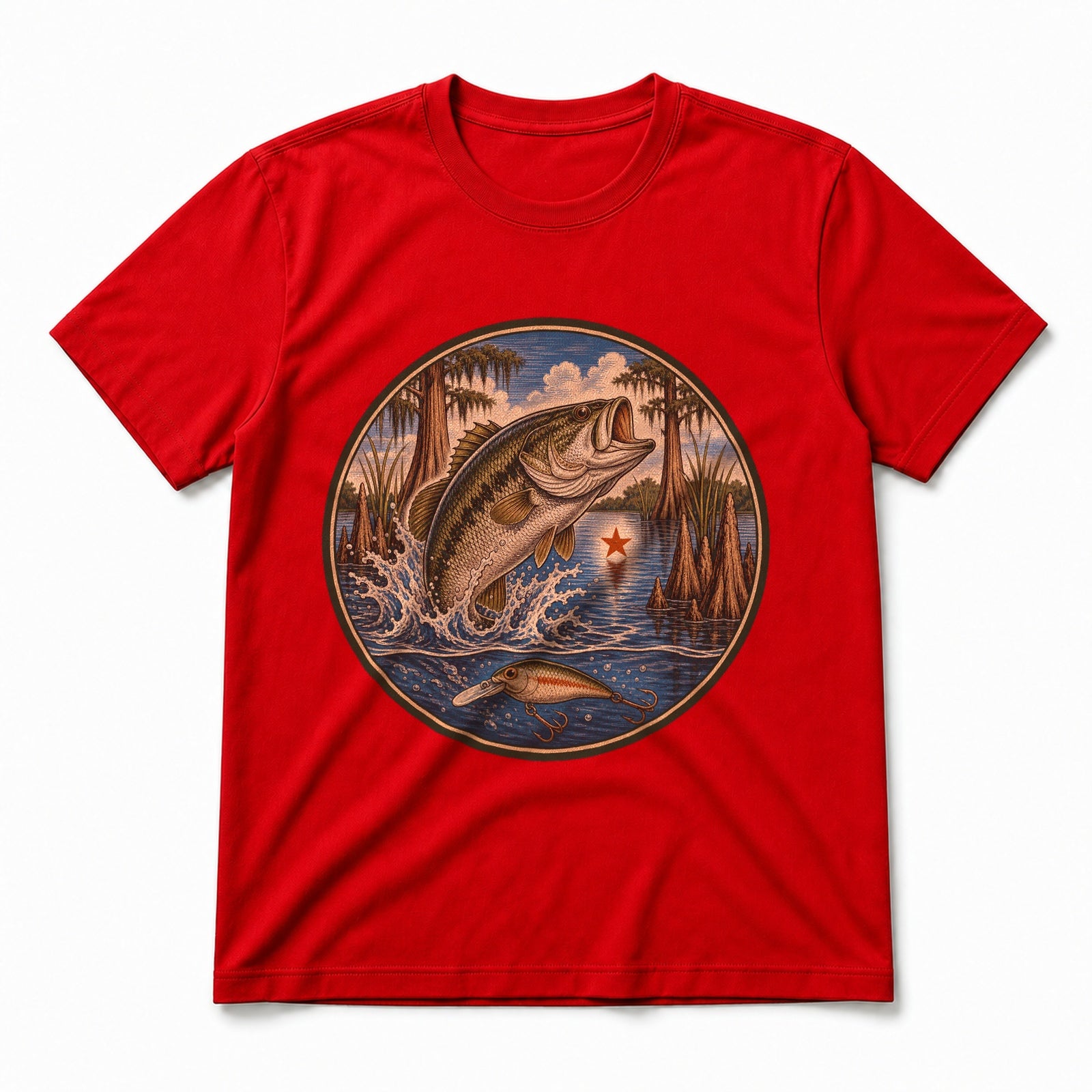 Texas Lake Bass Pure Cotton T-Shirt in Red