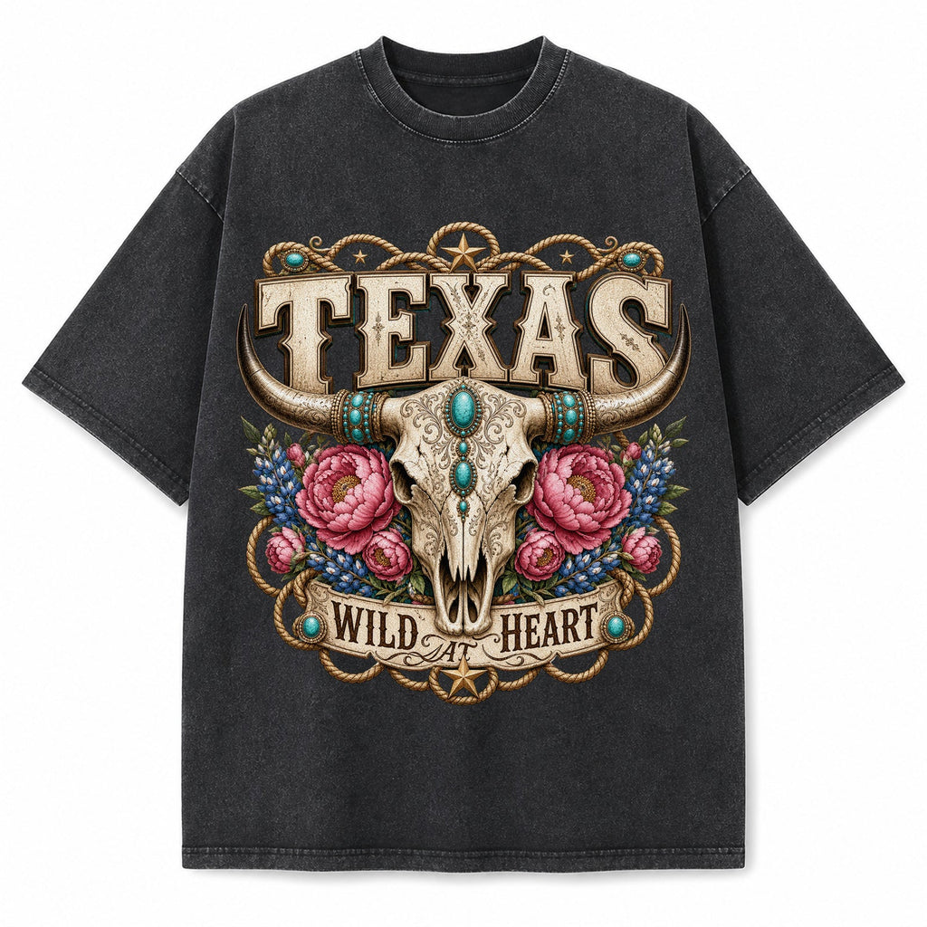 Vintage Washed Texas Boho Longhorn Heavyweight Graphic Tee in Vintage Washed Heavyweight T-Shirt, Washed Black