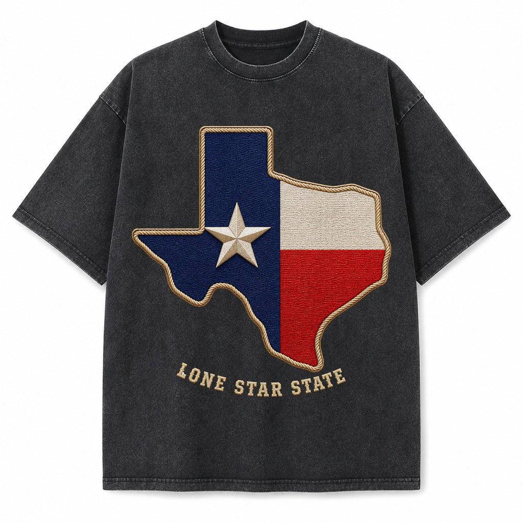 Vintage Washed Texas Flag Embroidery Heavyweight Graphic Tee in Vintage Washed Heavyweight T-Shirt, Washed Black