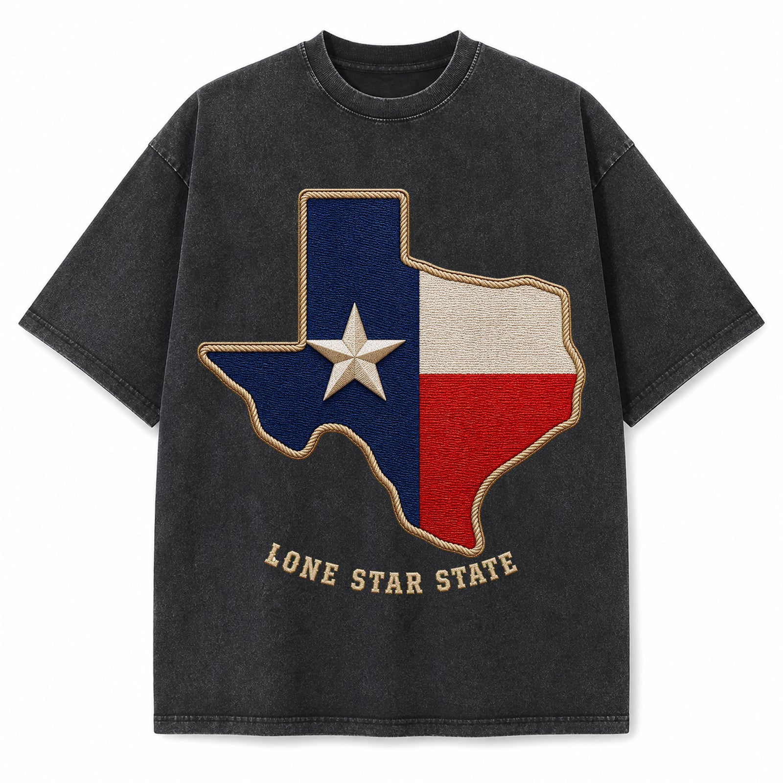 Vintage Washed Texas Flag Embroidery Heavyweight Graphic Tee in Vintage Washed Heavyweight T-Shirt, Washed Black