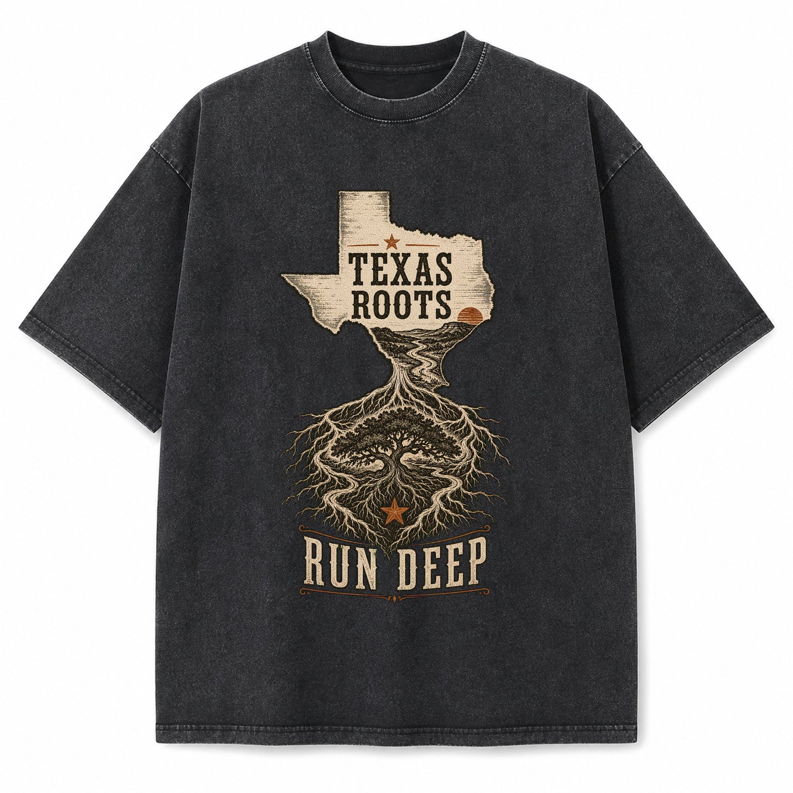 Vintage Washed Texas Roots Run Deep Heavyweight Graphic Tee in Vintage Washed Heavyweight T-Shirt, Washed Black