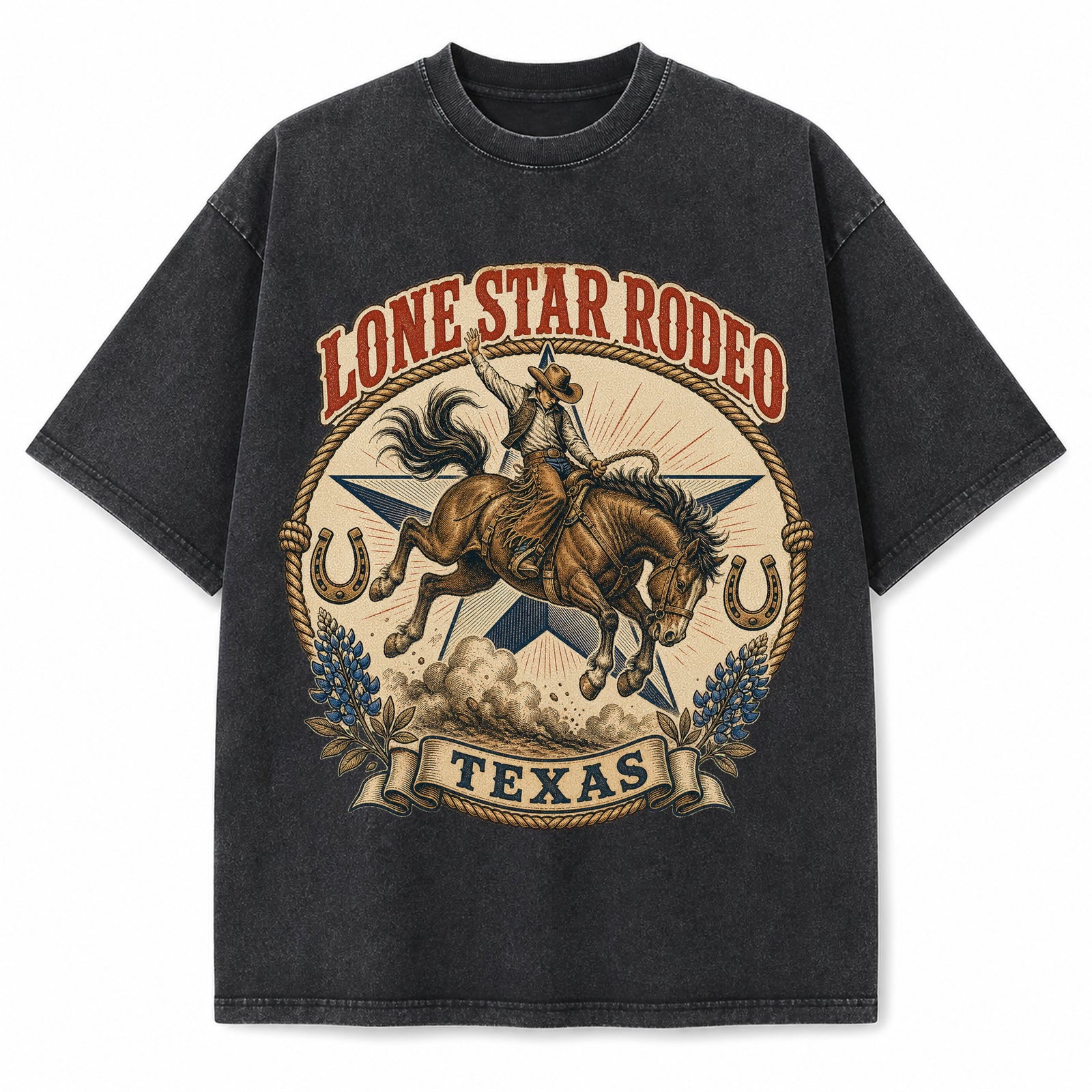 Vintage Washed Texas Lone Star Rodeo Heavyweight Graphic Tee in Vintage Washed Heavyweight T-Shirt, Washed Black