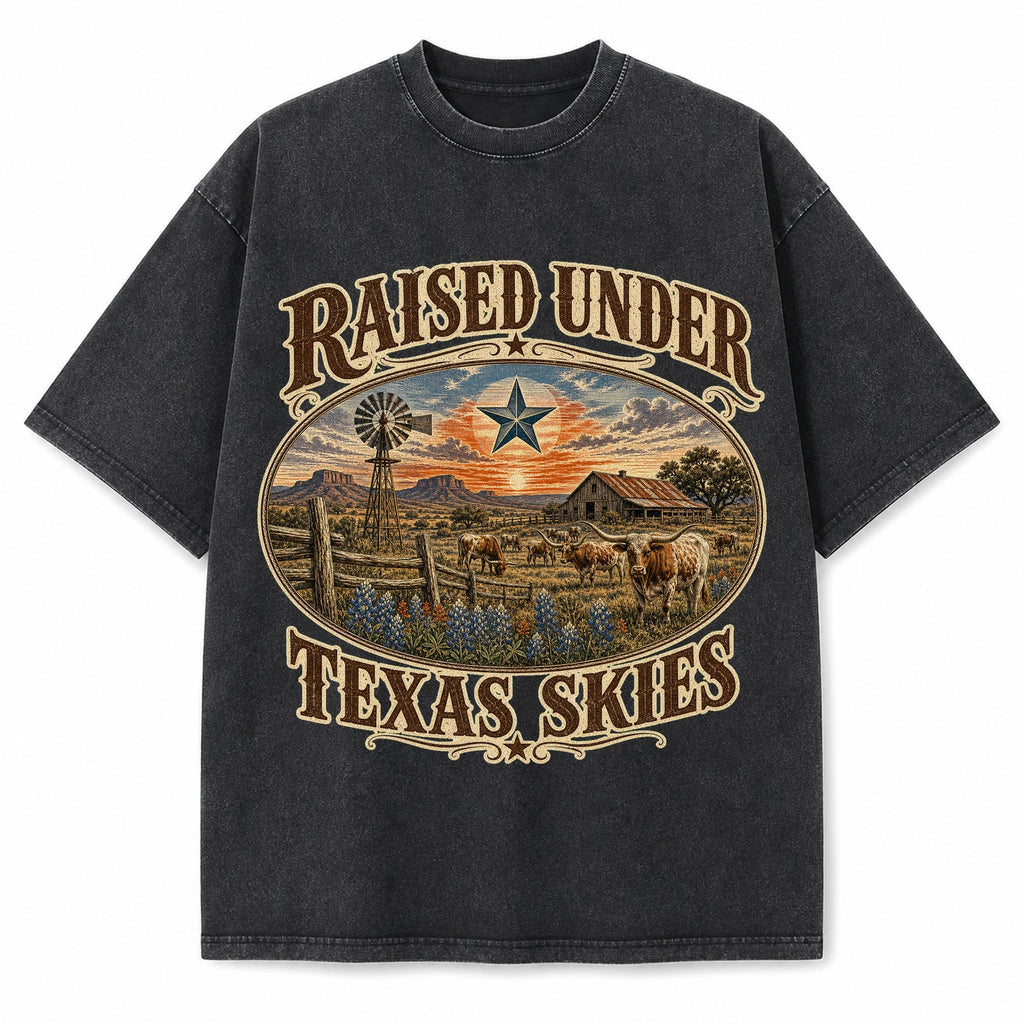 Vintage Washed Raised Under Texas Skies Heavyweight Graphic Tee in Vintage Washed Heavyweight T-Shirt, Washed Black