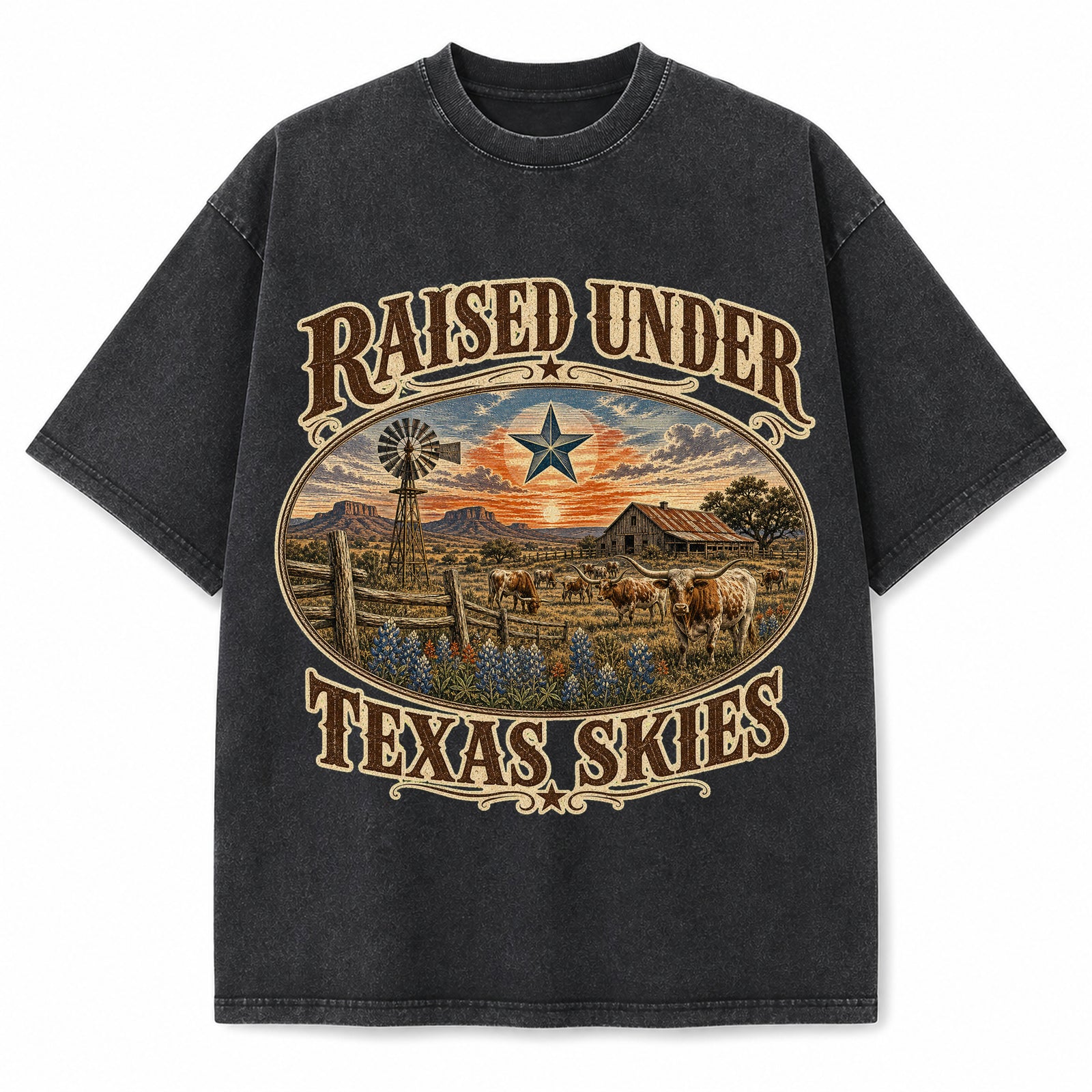 Vintage Washed Raised Under Texas Skies Heavyweight Graphic Tee in Vintage Washed Heavyweight T-Shirt, Washed Black
