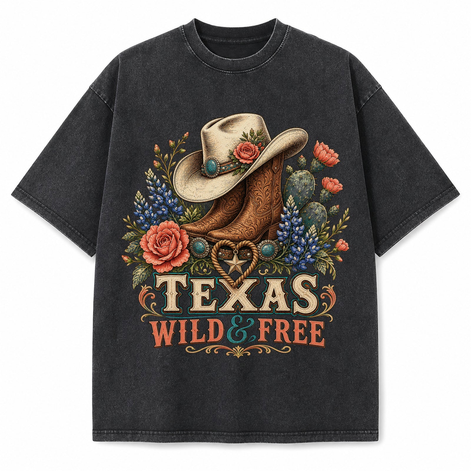 Vintage Washed Texas Wild And Free Heavyweight Graphic Tee in Vintage Washed Heavyweight T-Shirt, Washed Black