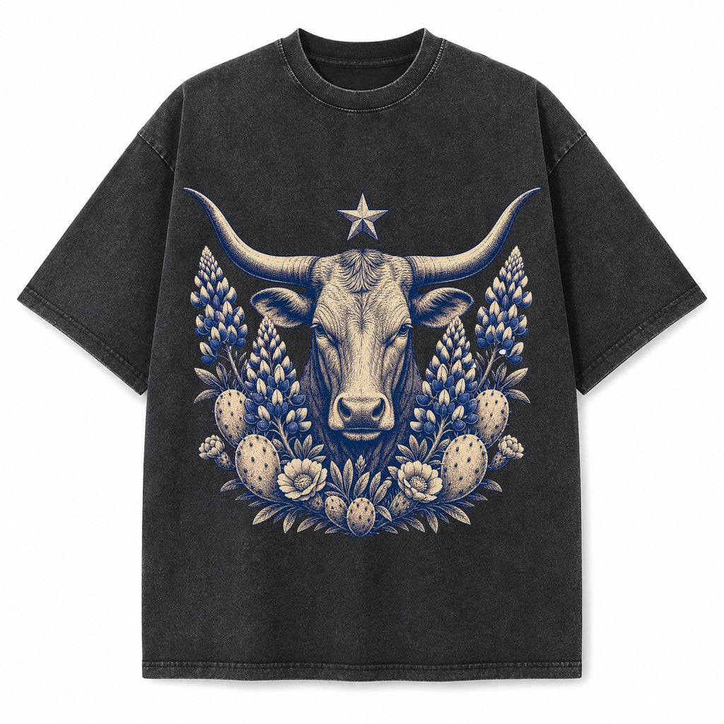 Vintage Washed Texas Longhorn Bluebonnet Engraving Heavyweight Graphic Tee in Vintage Washed Heavyweight T-Shirt, Washed Blac