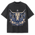 Vintage Washed Texas Longhorn Bluebonnet Engraving Heavyweight Graphic Tee in Vintage Washed Heavyweight T-Shirt, Washed Blac
