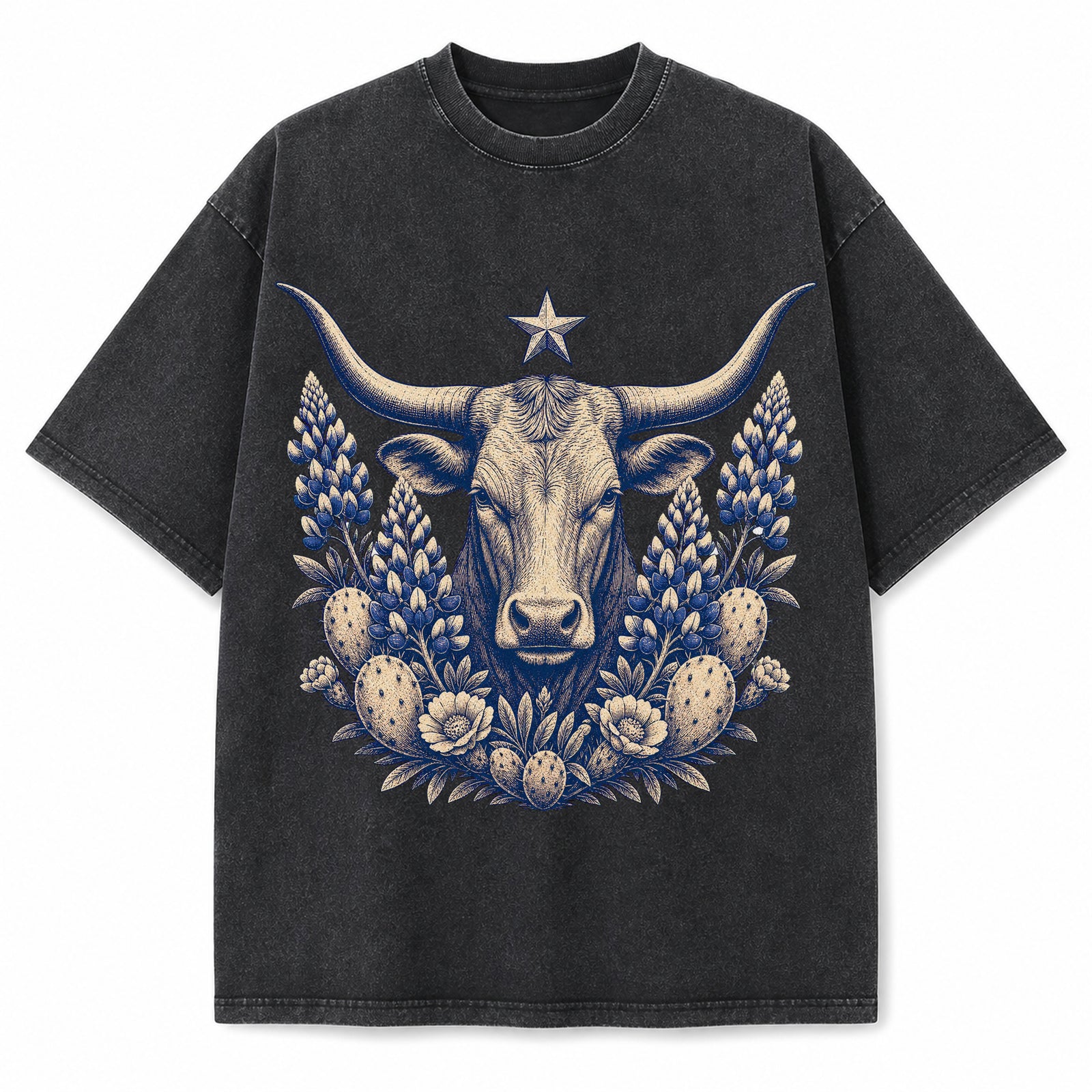 Vintage Washed Texas Longhorn Bluebonnet Engraving Heavyweight Graphic Tee in Vintage Washed Heavyweight T-Shirt, Washed Blac