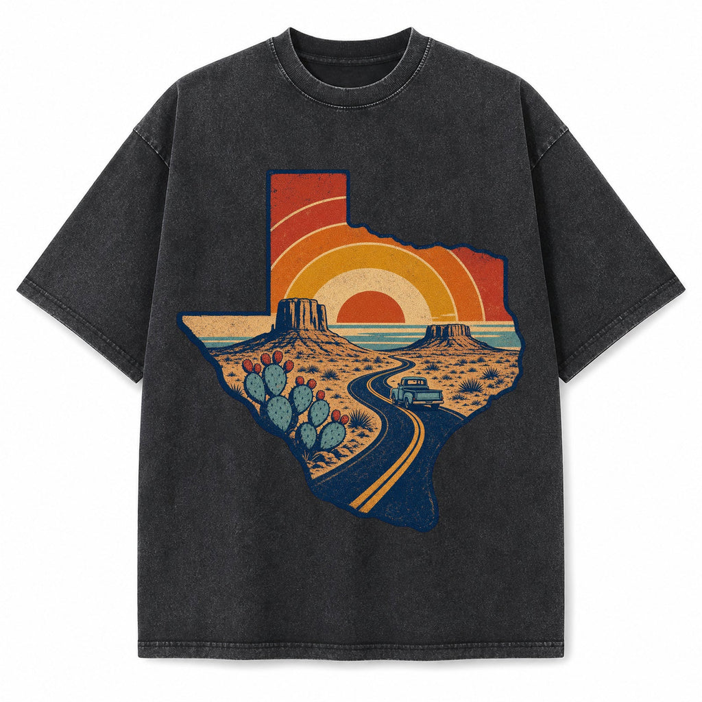Vintage Washed Texas Retro Desert Roadtrip Heavyweight Graphic Tee in Vintage Washed Heavyweight T-Shirt, Washed Black