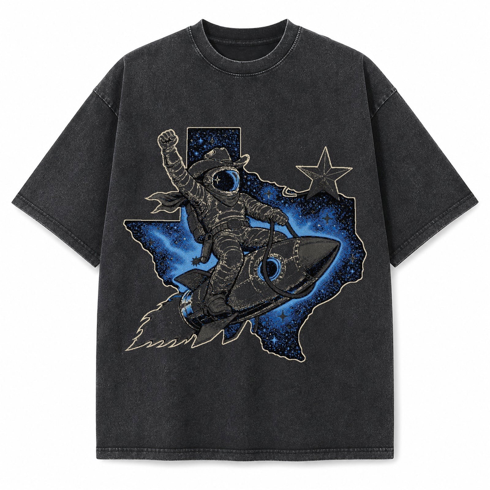 Vintage Washed Texas Space Cowboy Heavyweight Graphic Tee in Vintage Washed Heavyweight T-Shirt, Washed Black