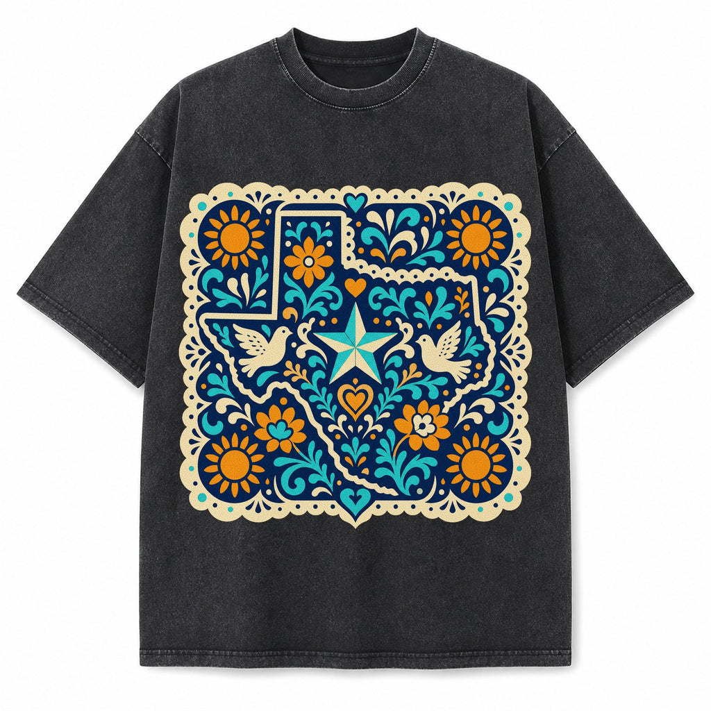 Vintage Washed Texas Tejano Cut Paper Ornament Heavyweight Graphic Tee in Vintage Washed Heavyweight T-Shirt, Washed Black