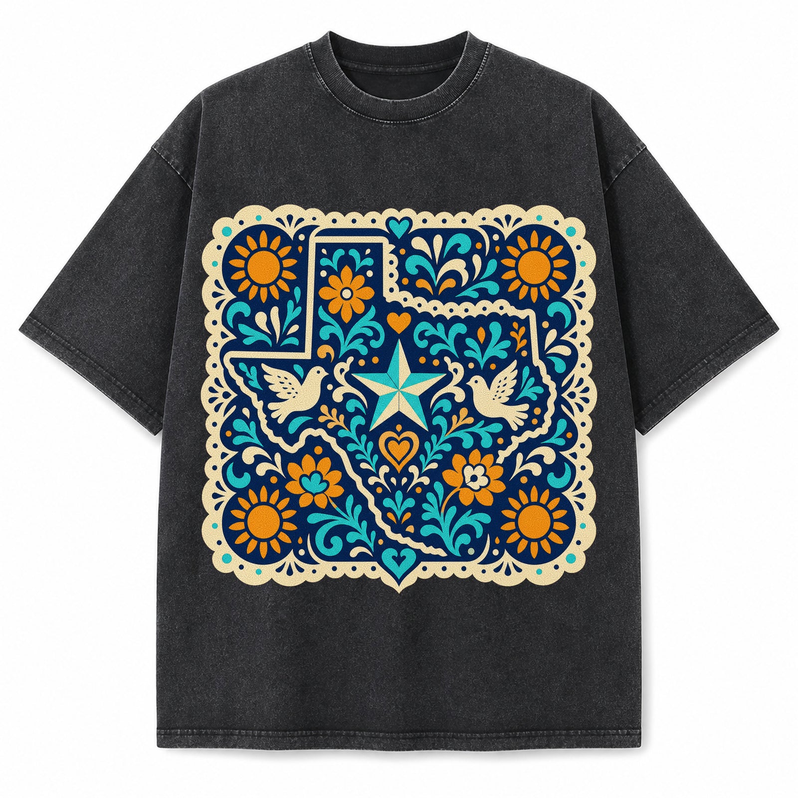 Vintage Washed Texas Tejano Cut Paper Ornament Heavyweight Graphic Tee in Vintage Washed Heavyweight T-Shirt, Washed Black