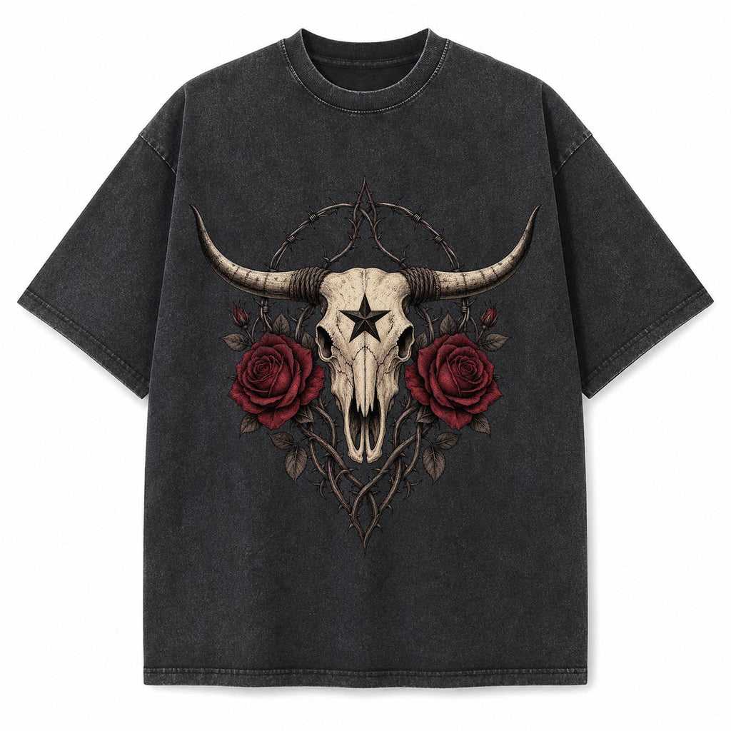 Vintage Washed Texas Gothic Rose Longhorn Heavyweight Graphic Tee in Vintage Washed Heavyweight T-Shirt, Washed Black