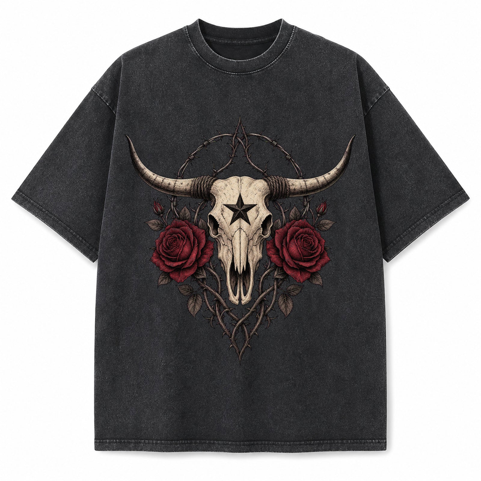Vintage Washed Texas Gothic Rose Longhorn Heavyweight Graphic Tee in Vintage Washed Heavyweight T-Shirt, Washed Black