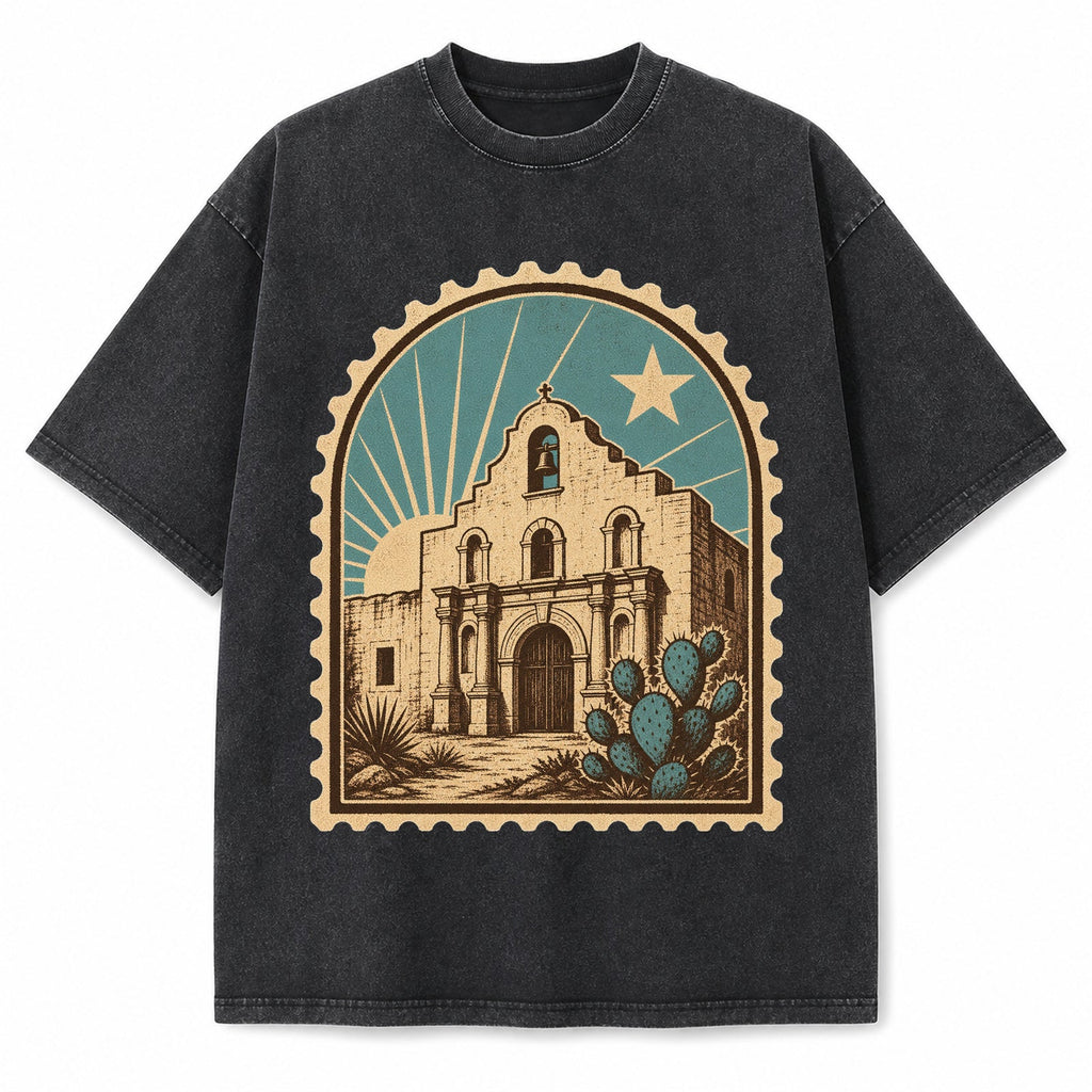 Vintage Washed Texas Mission Travel Stamp Heavyweight Graphic Tee in Vintage Washed Heavyweight T-Shirt, Washed Black
