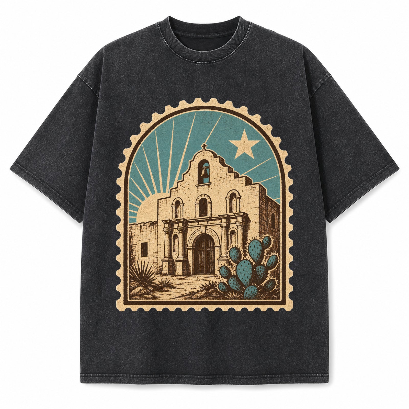 Vintage Washed Texas Mission Travel Stamp Heavyweight Graphic Tee in Vintage Washed Heavyweight T-Shirt, Washed Black