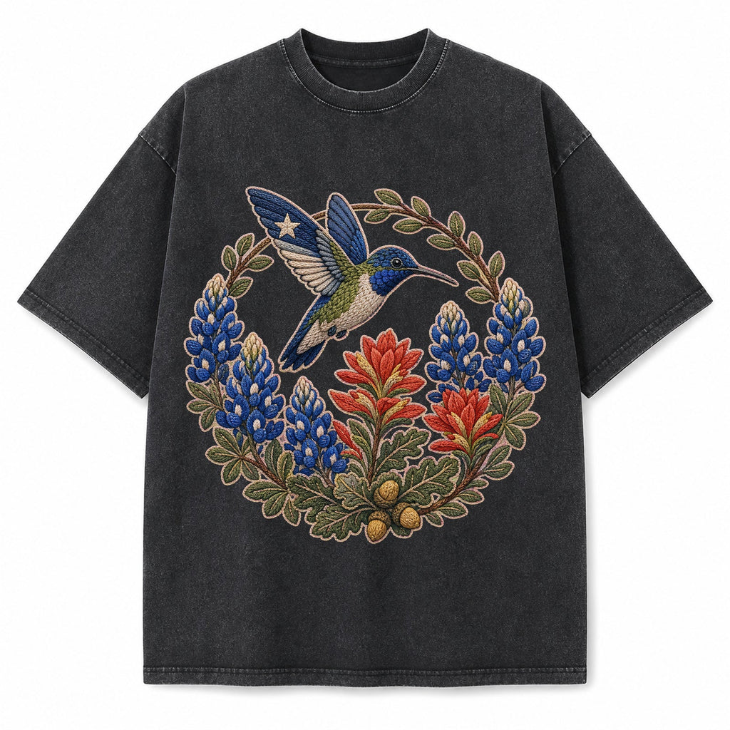 Vintage Washed Texas Bluebonnet Hummingbird Embroidery Heavyweight Graphic Tee in Vintage Washed Heavyweight T-Shirt, Washed 