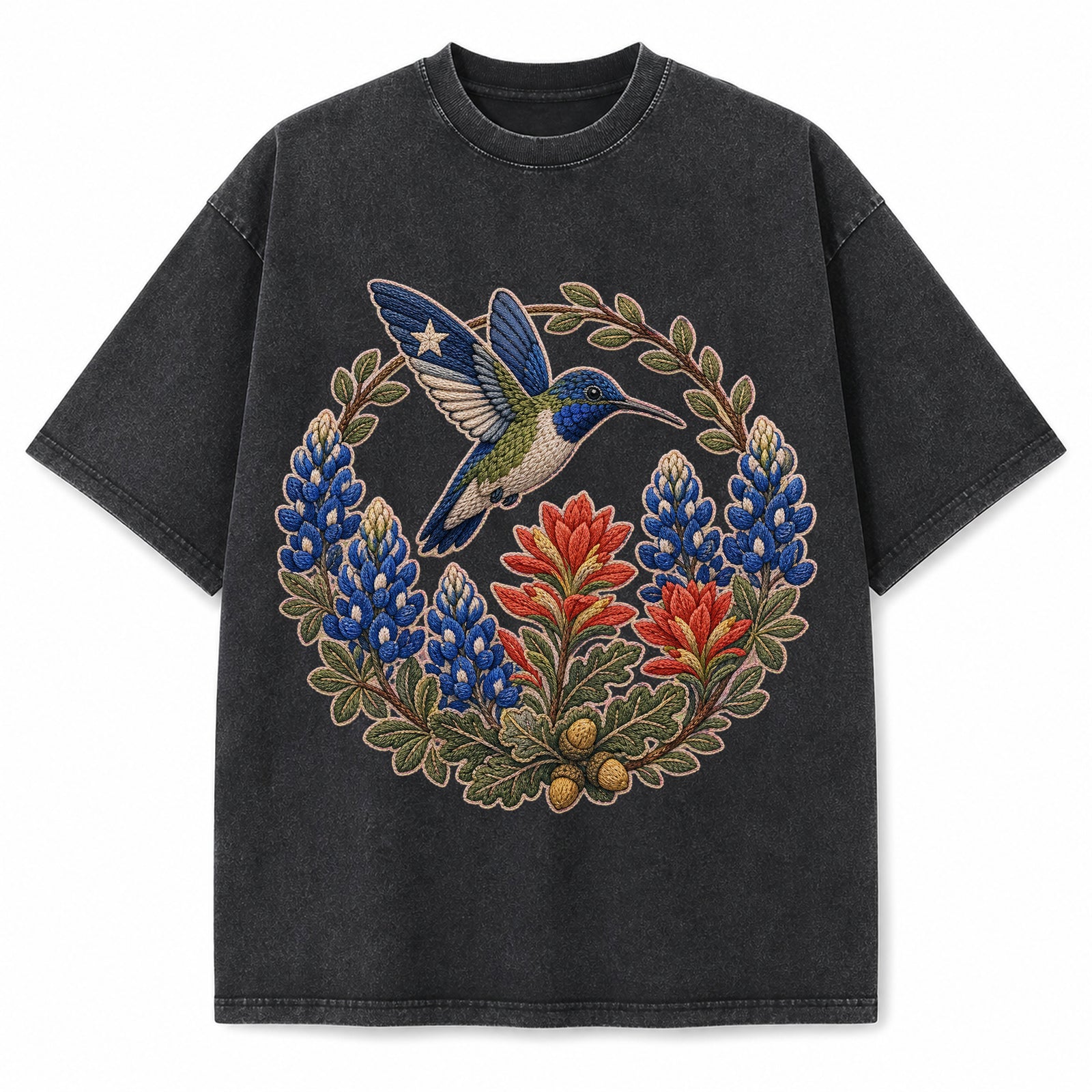 Vintage Washed Texas Bluebonnet Hummingbird Embroidery Heavyweight Graphic Tee in Vintage Washed Heavyweight T-Shirt, Washed 