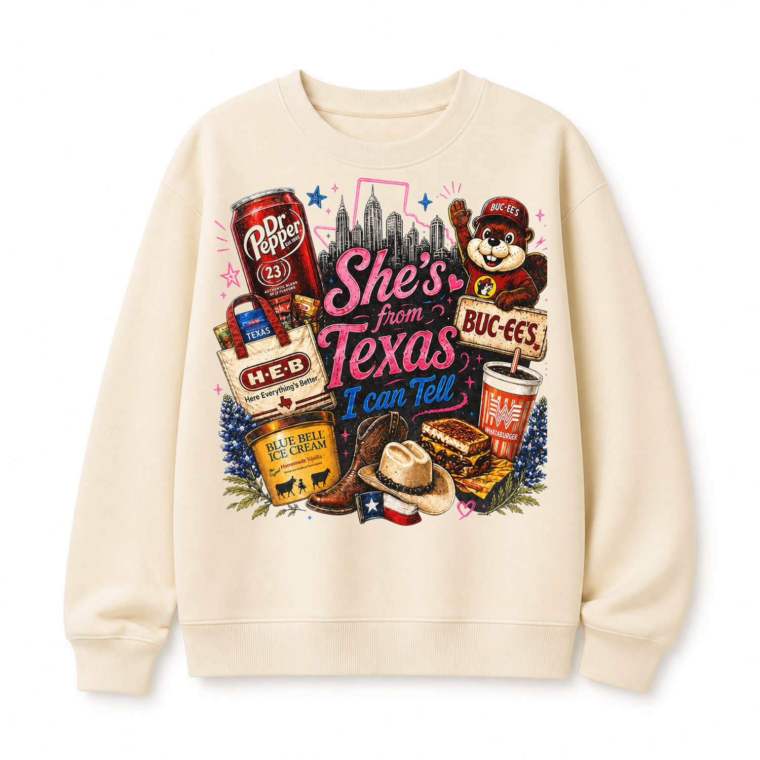 She's From Texas Collage Graphic Tee & Sweatshirt — Cotton Crewneck Sweatshirt, Cream