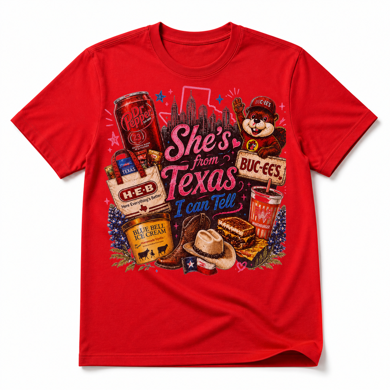 She's From Texas Collage Graphic Tee & Sweatshirt — 100% Cotton T-Shirt, Red