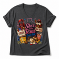 She's From Texas Collage Graphic Tee & Sweatshirt — Cotton-Spandex V-Neck T-Shirt, Dark Gray