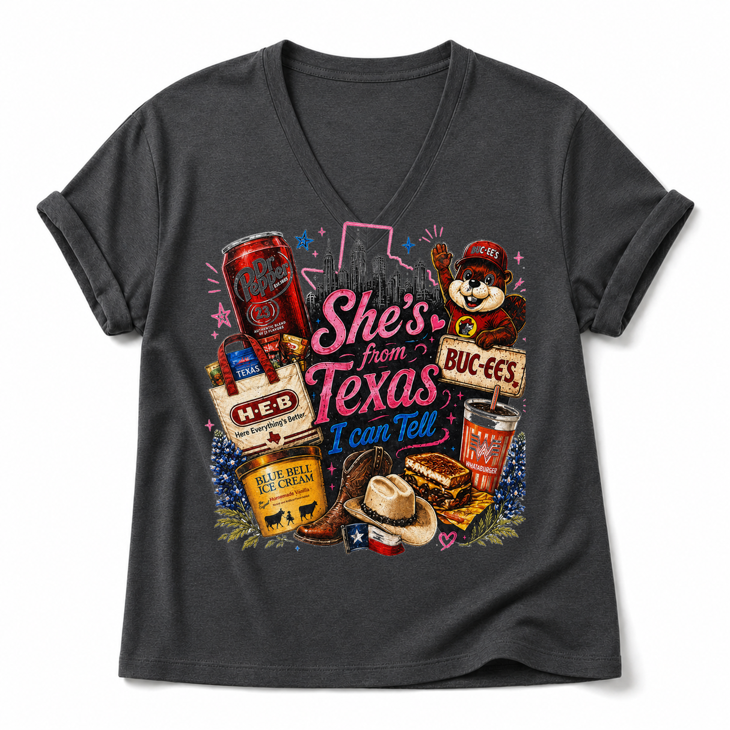 She's From Texas Collage Graphic Tee & Sweatshirt — Cotton-Spandex V-Neck T-Shirt, Dark Gray