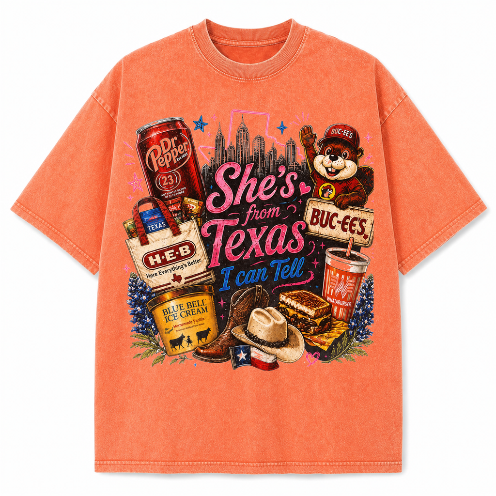 She's From Texas Collage Graphic Tee & Sweatshirt — Vintage Washed Heavyweight T-Shirt, Orange