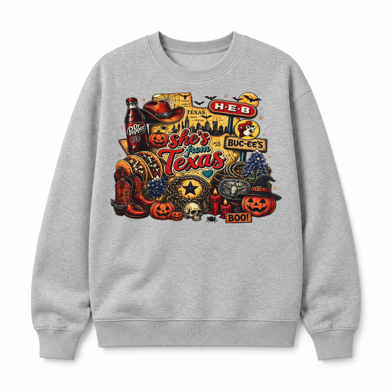 She's From Texas Halloween Graphic Tee & Sweatshirt — Cotton Crewneck Sweatshirt, Light Gray