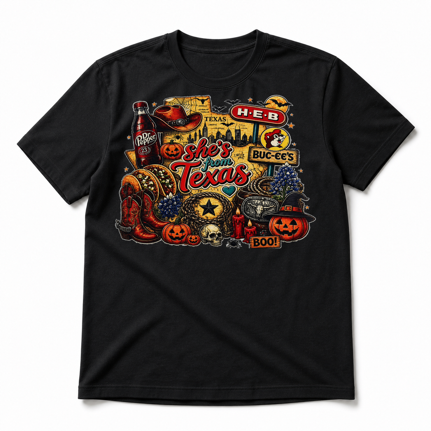 She's From Texas Halloween Graphic Tee & Sweatshirt — 100% Cotton T-Shirt, Black