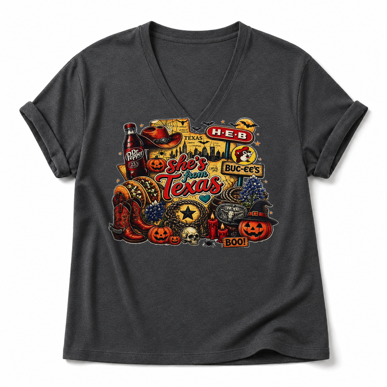 She's From Texas Halloween Graphic Tee & Sweatshirt — Cotton-Spandex V-Neck T-Shirt, Dark Gray