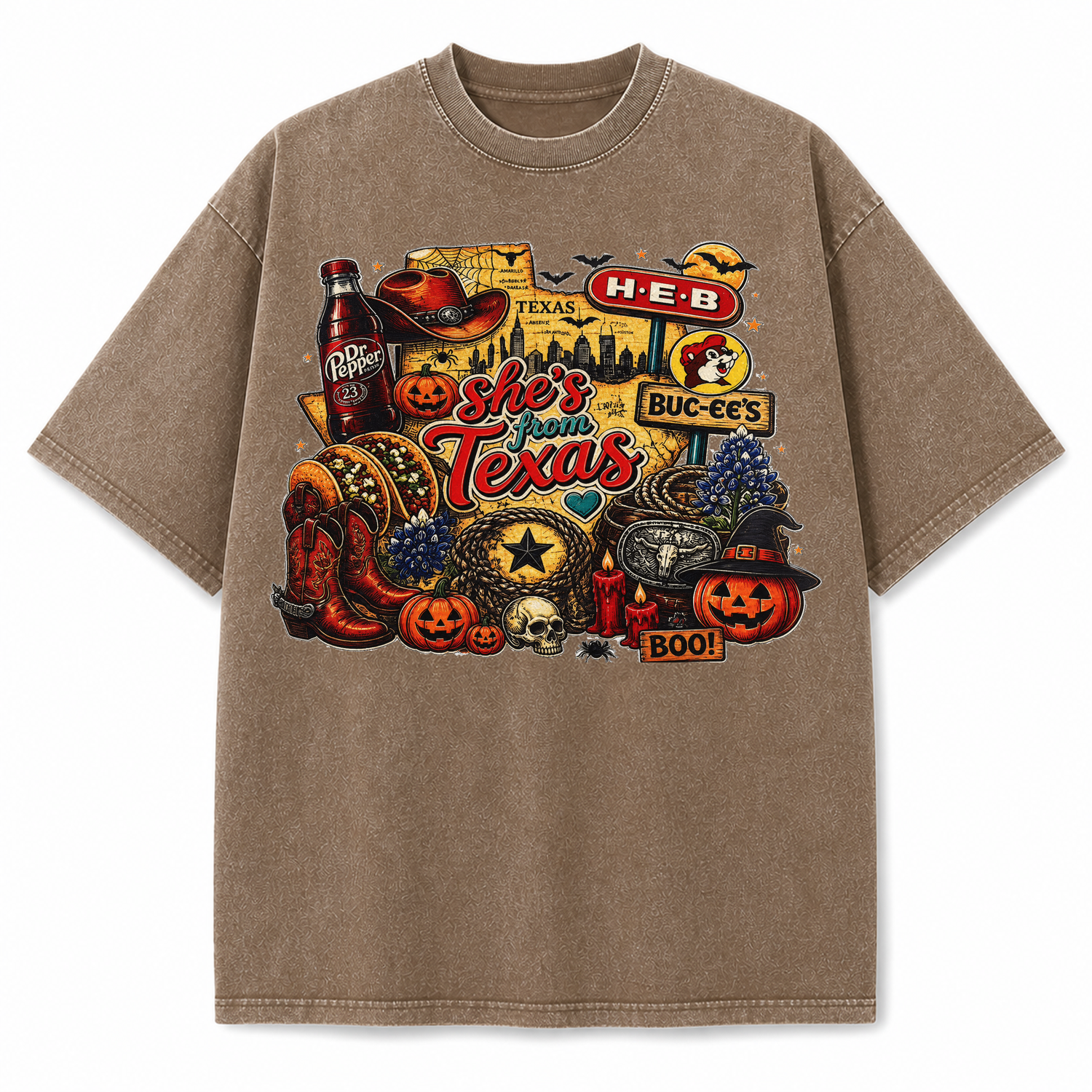 She's From Texas Halloween Graphic Tee & Sweatshirt — Vintage Washed Heavyweight T-Shirt, Brown