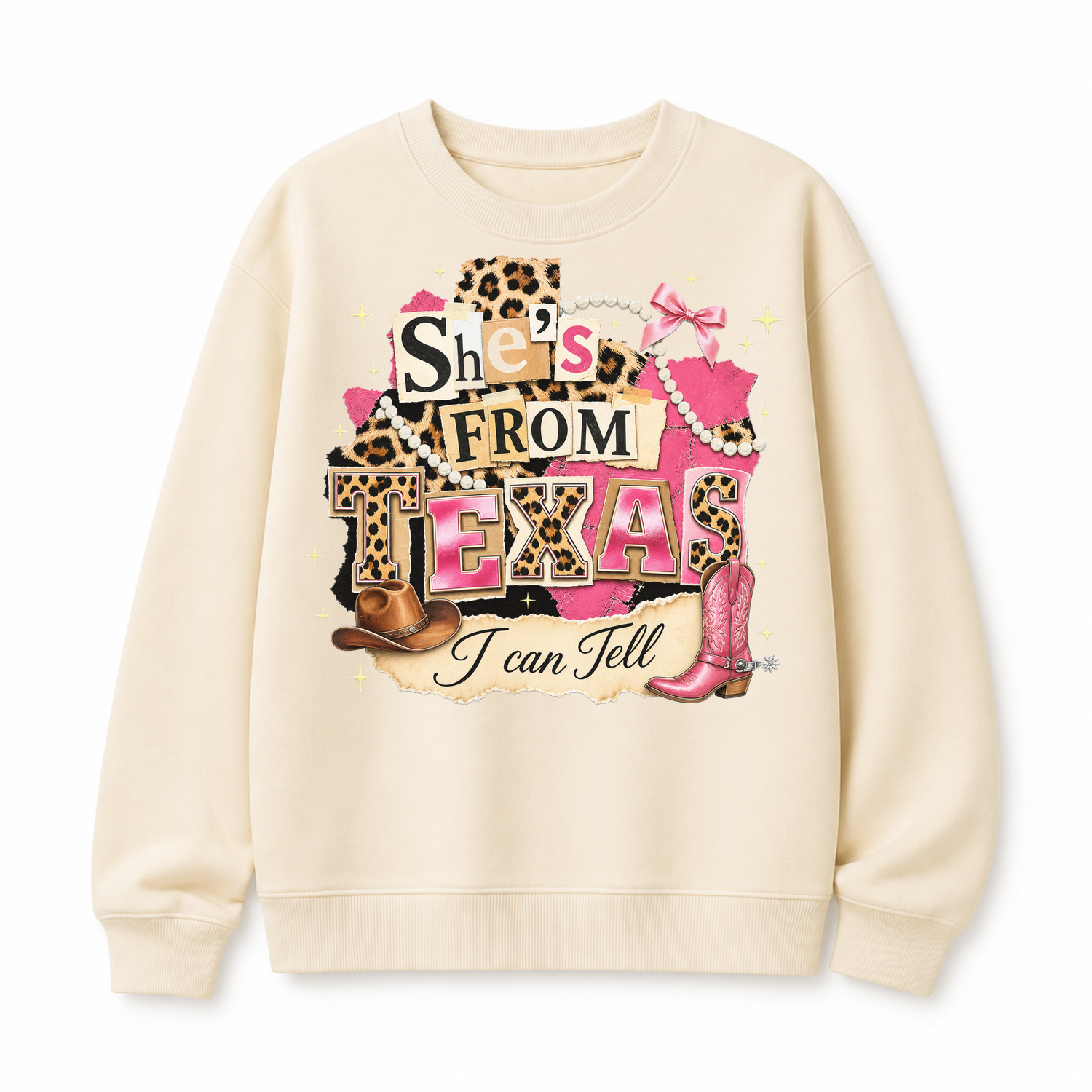 She's From Texas Leopard Collage Graphic Tee & Sweatshirt — Cotton Crewneck Sweatshirt, Cream