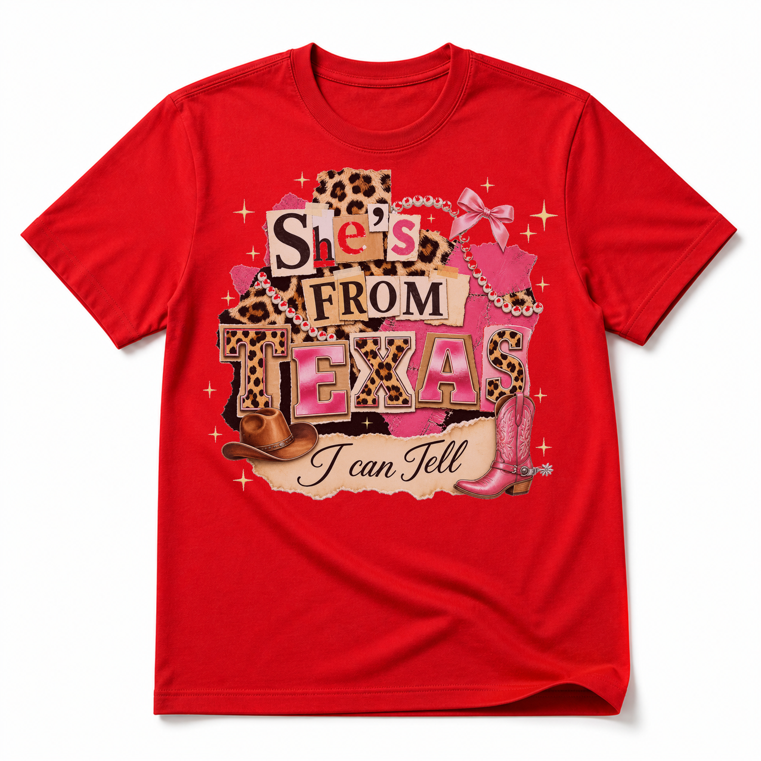 She's From Texas Leopard Collage Graphic Tee & Sweatshirt — 100% Cotton T-Shirt, Red
