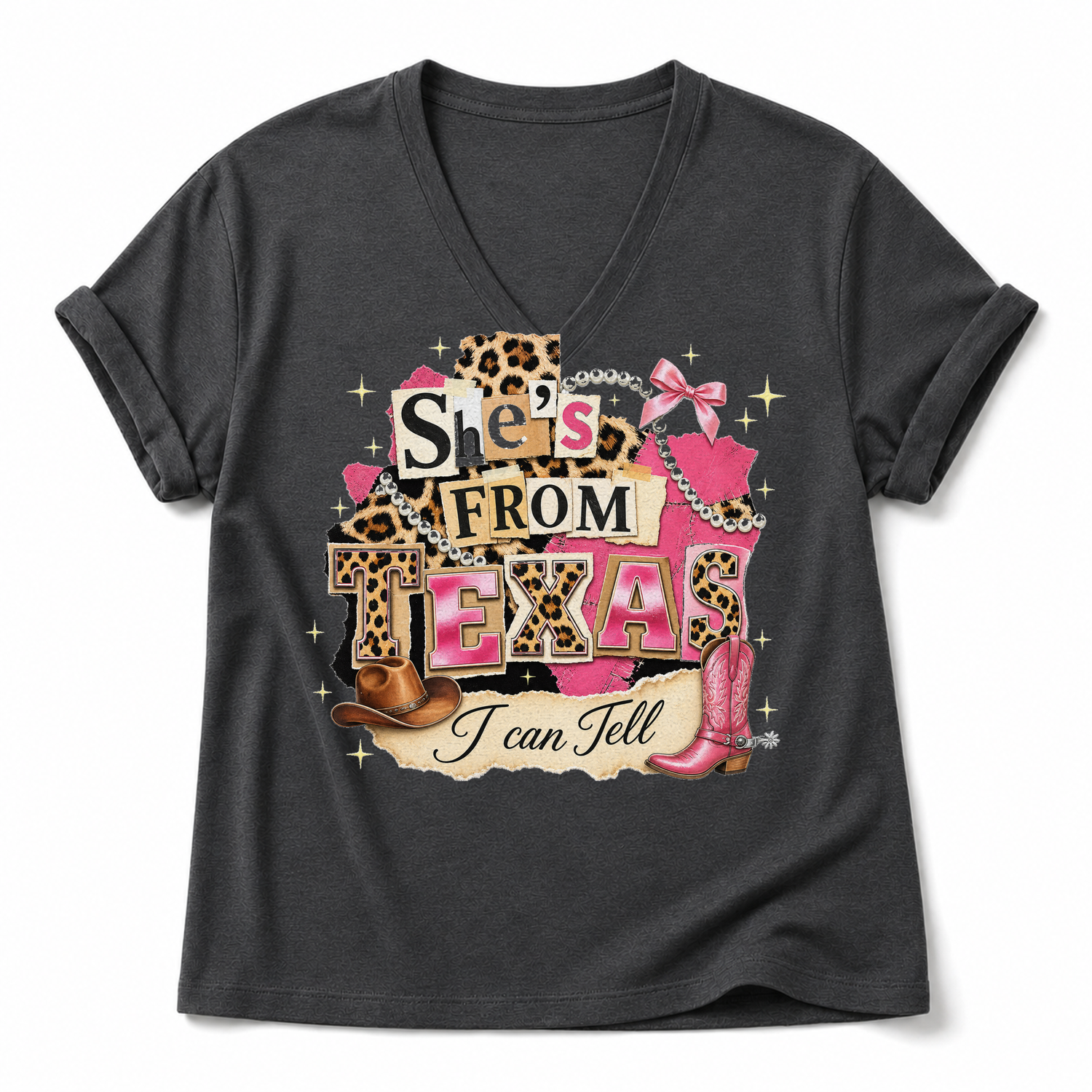 She's From Texas Leopard Collage Graphic Tee & Sweatshirt — Cotton-Spandex V-Neck T-Shirt, Dark Gray