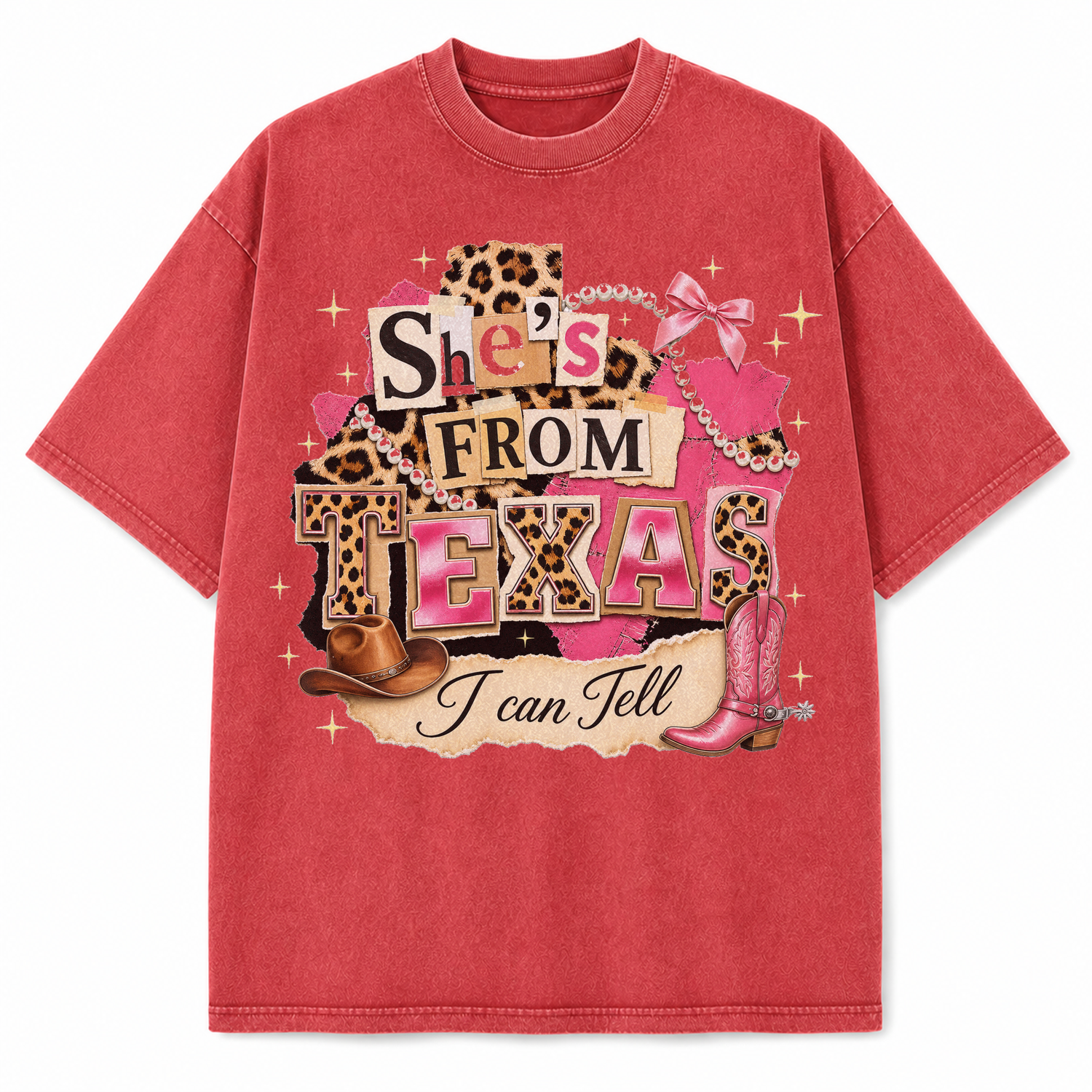 She's From Texas Leopard Collage Graphic Tee & Sweatshirt — Vintage Washed Heavyweight T-Shirt, Vintage Red