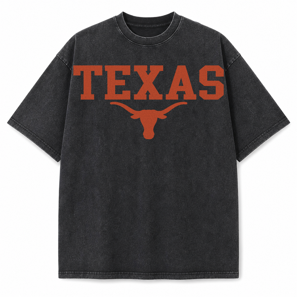 Texas Longhorn Graphic Tee & Sweatshirt — Vintage Washed Heavyweight T-Shirt, Washed Black
