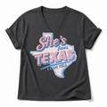 She's From Texas Retro Graphic Tee & Sweatshirt — Cotton-Spandex V-Neck T-Shirt, Dark Gray