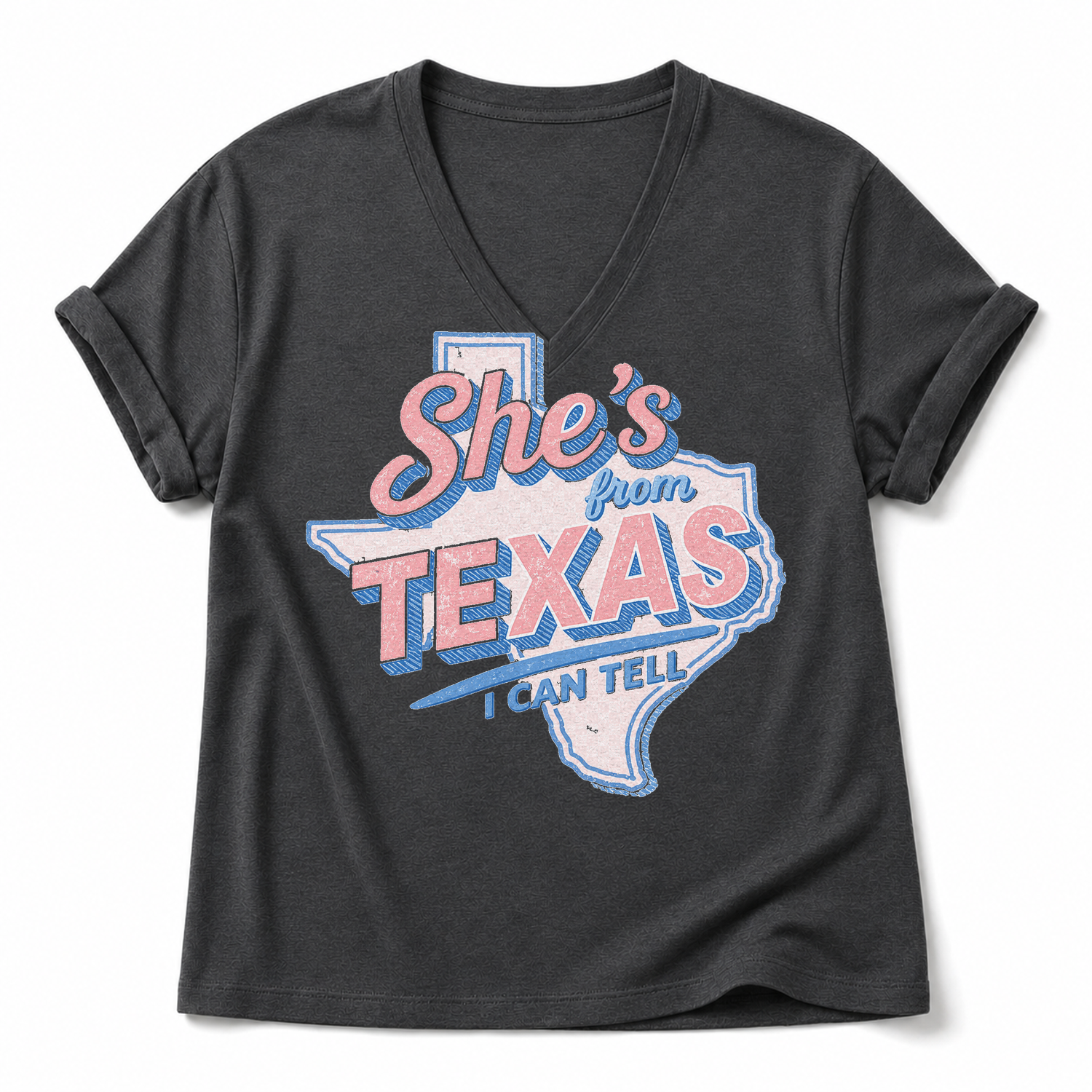 She's From Texas Retro Graphic Tee & Sweatshirt — Cotton-Spandex V-Neck T-Shirt, Dark Gray