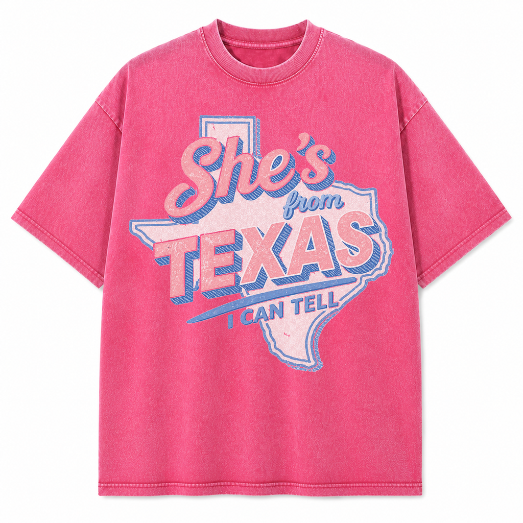She's From Texas Retro Graphic Tee & Sweatshirt — Vintage Washed Heavyweight T-Shirt, Pink