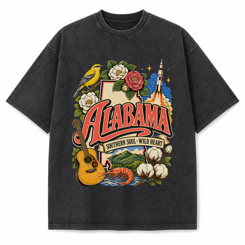 Colorful Alabama State Collage Washed Vintage T-Shirt in Black, front view on a white background