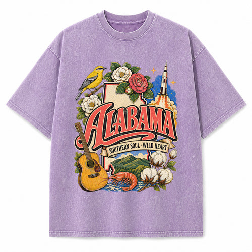 Colorful Alabama State Collage Washed Vintage T-Shirt in Purple, front view on a white background