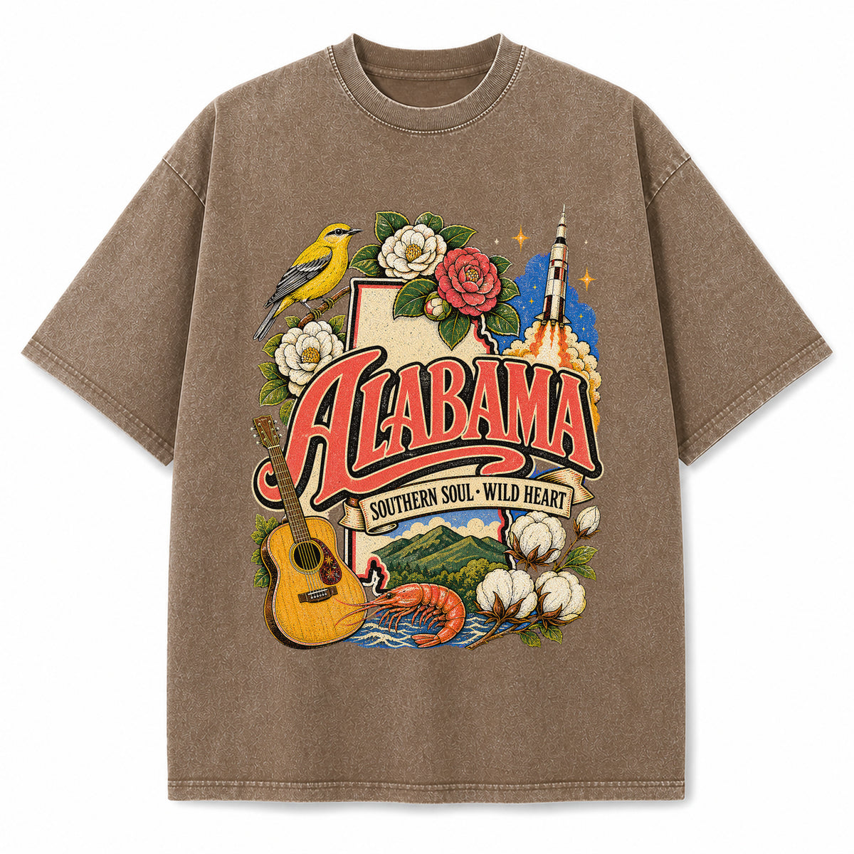 Colorful Alabama State Collage Washed Vintage T-Shirt in Brown, front view on a white background